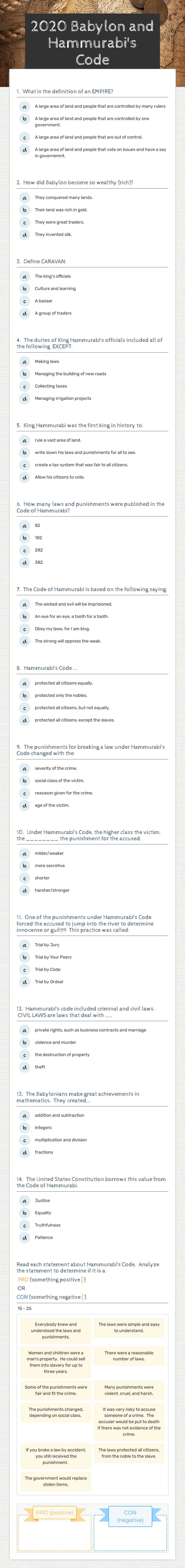 2020 Babylon and Hammurabi's Code worksheet preview image
