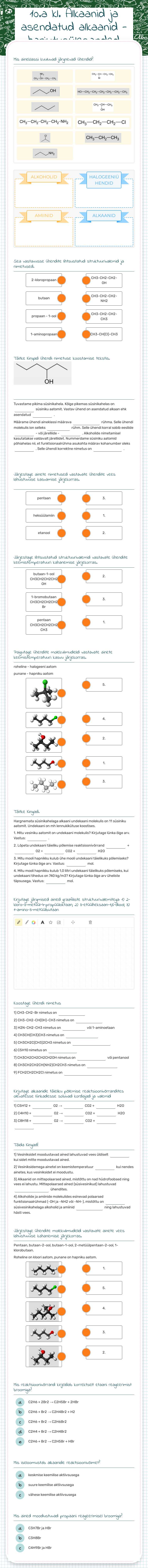 10.a kl. Alkaanid ja asendatud alkaanid - harjutusülesanded worksheet preview image