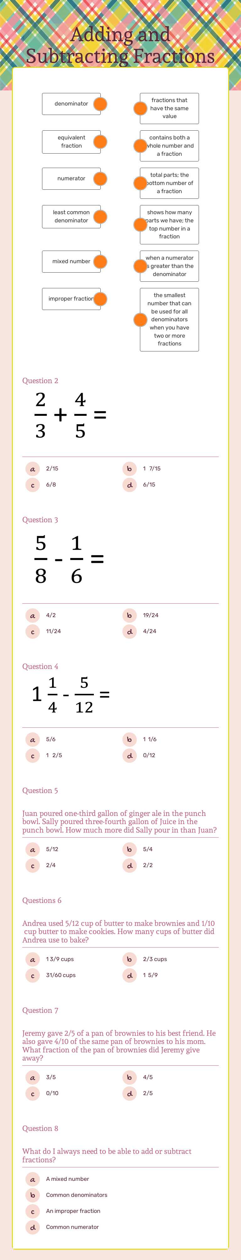 Adding and Subtracting Fractions worksheet preview image