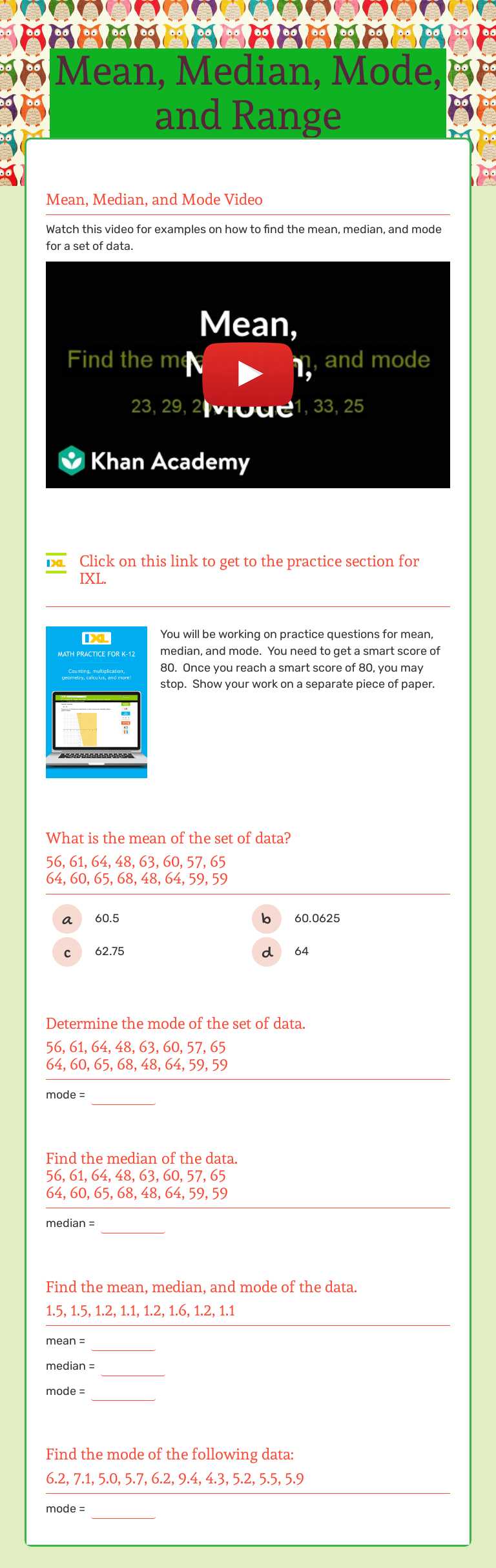 Mean, Median, Mode, and Range Grade 7 worksheet preview