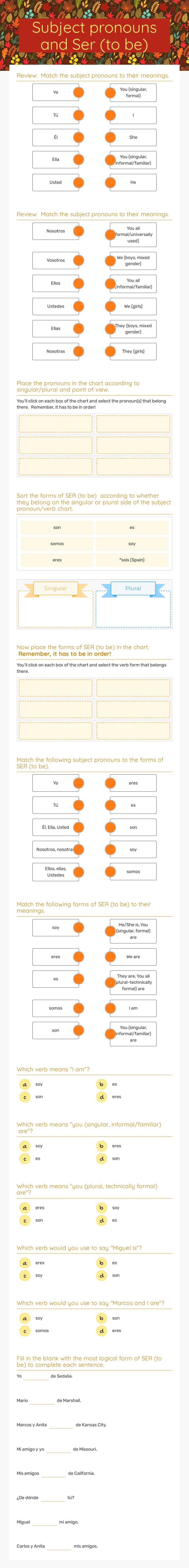 Subject pronouns and Ser (to be) Grade 10 worksheet preview