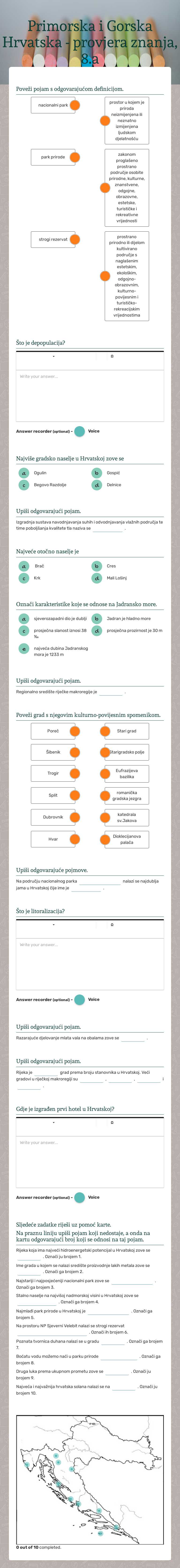 Primorska i Gorska Hrvatska - provjera znanja, 8.a Grade 8 worksheet preview
