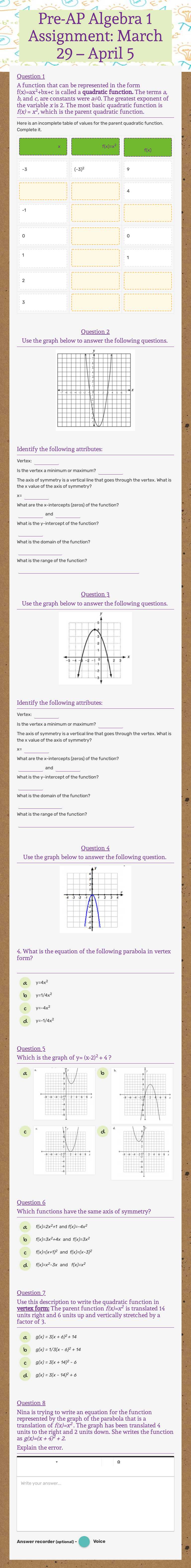 Pre-AP Algebra 1 Assignment: March 29 – April 5 worksheet preview image
