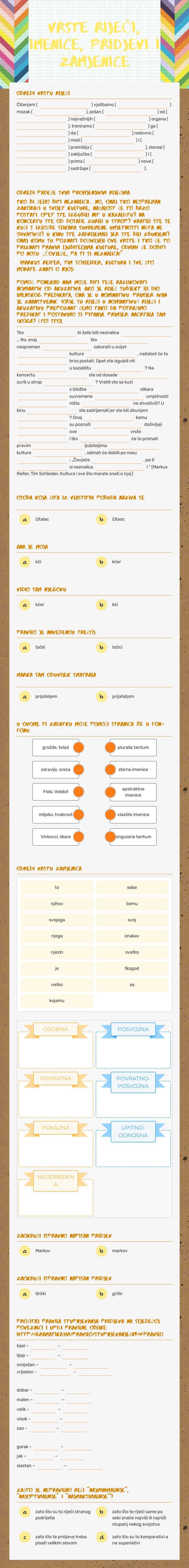 VRSTE RIJEČI, imenice, pridjevi i zamjenicE worksheet preview image