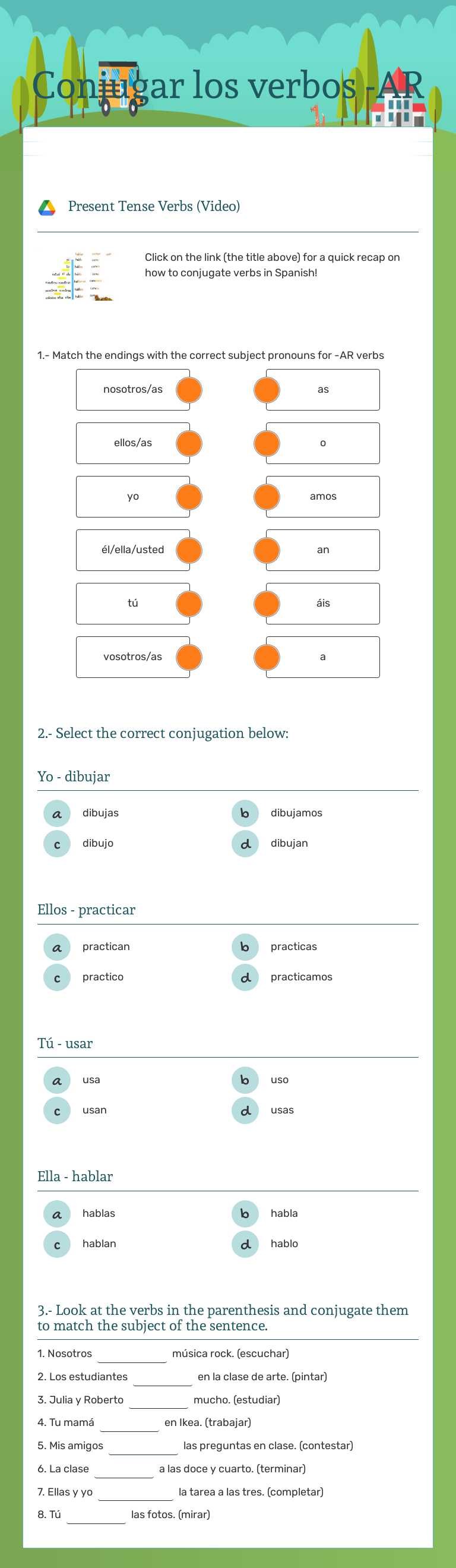 Conjugar los verbos -AR worksheet preview image