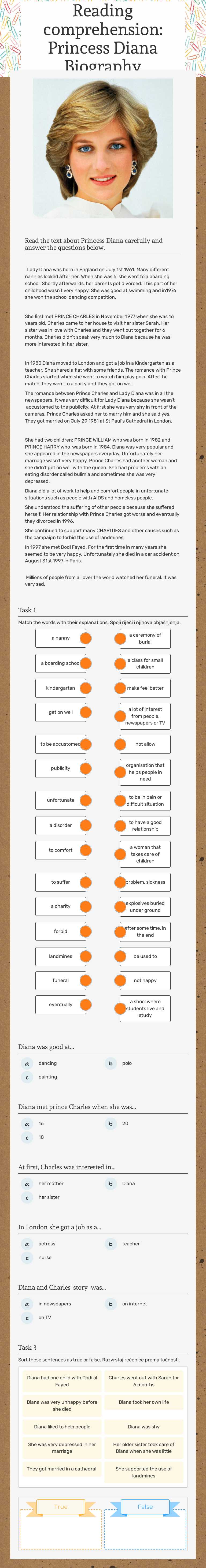 Reading comprehension: Princess Diana Biography worksheet preview image