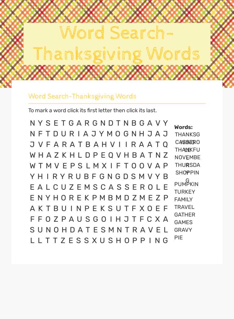 Word Search-Thanksgiving Words Grade 4 worksheet preview