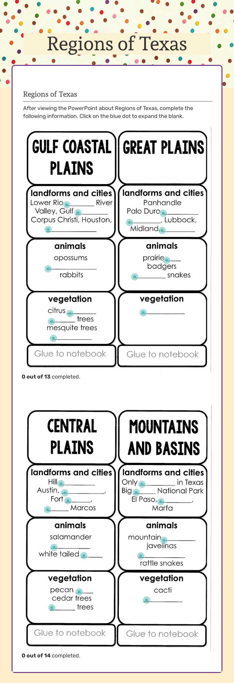 Regions of Texas Grade 4 worksheet preview