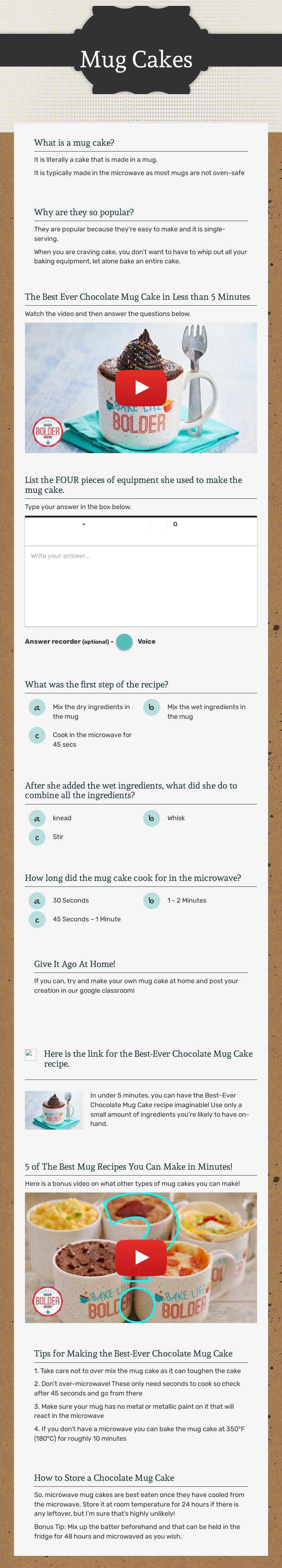 Mug Cakes worksheet preview image