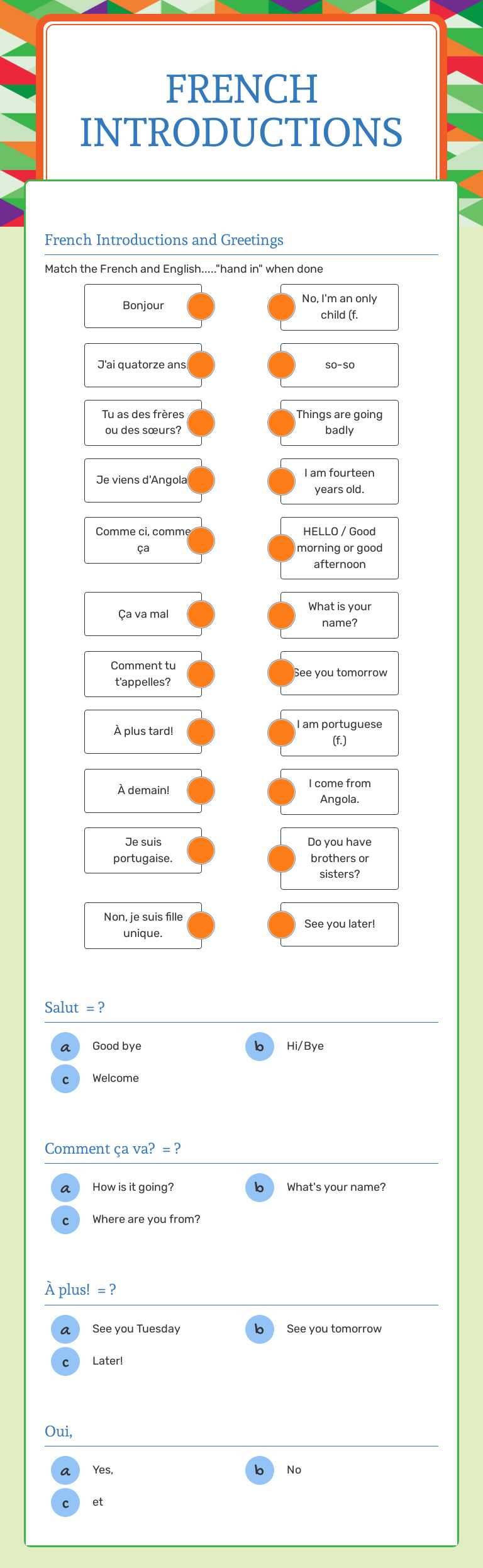 French Introductions worksheet preview image