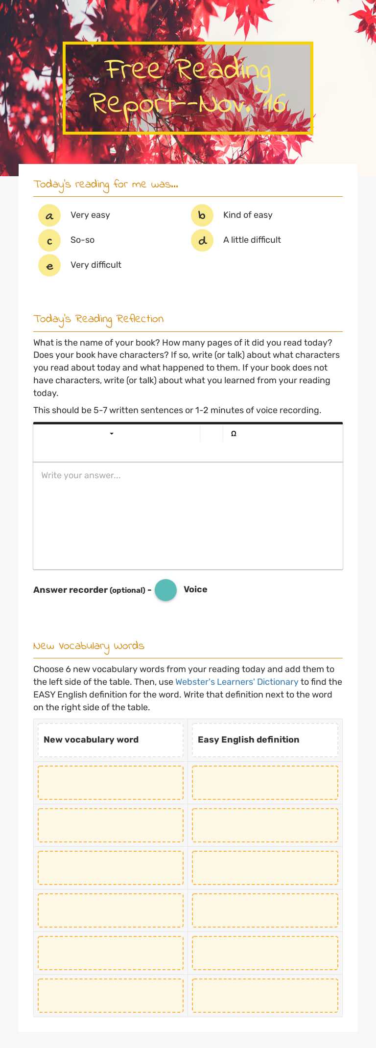 Free Reading Report--Nov. 16 worksheet preview image
