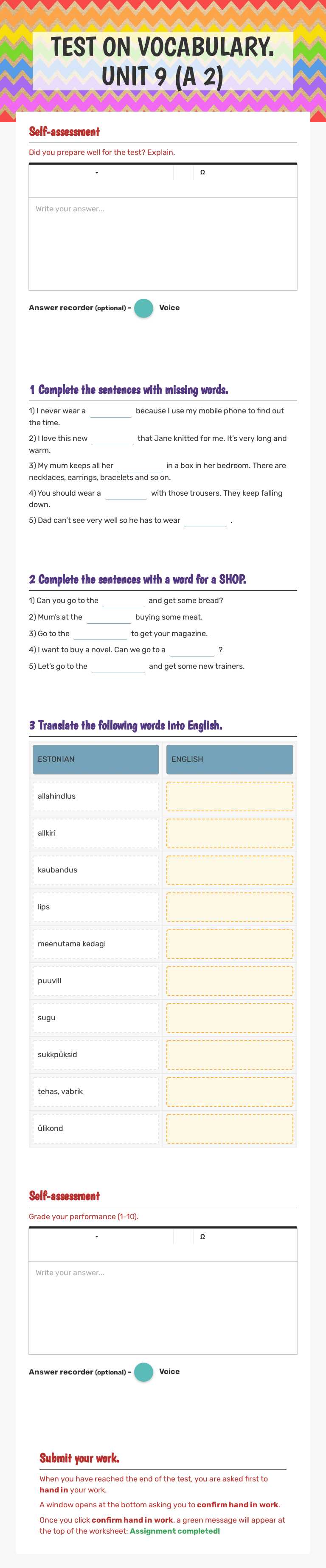 TEST ON VOCABULARY. UNIT 9 (A 2) worksheet preview image