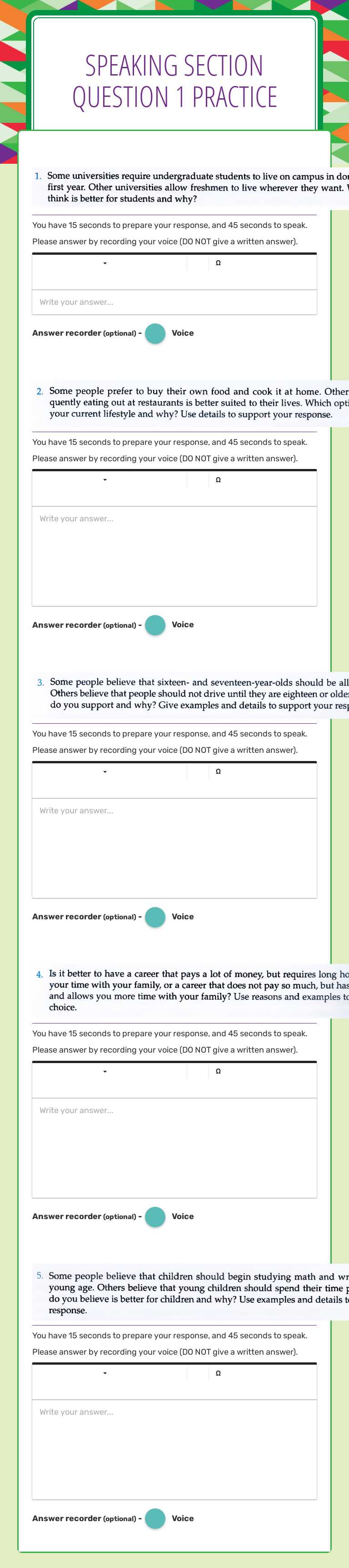 Speaking Section
Question 1 Practice Other worksheet preview