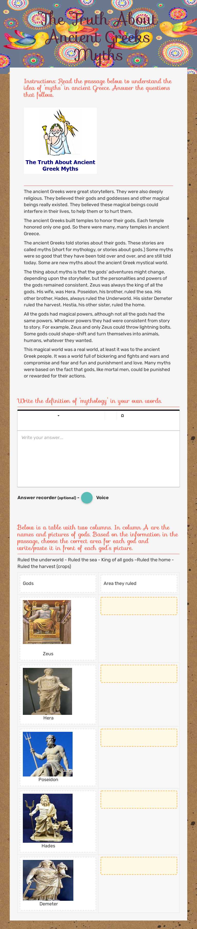 The Truth About Ancient Greeks Myths worksheet preview image