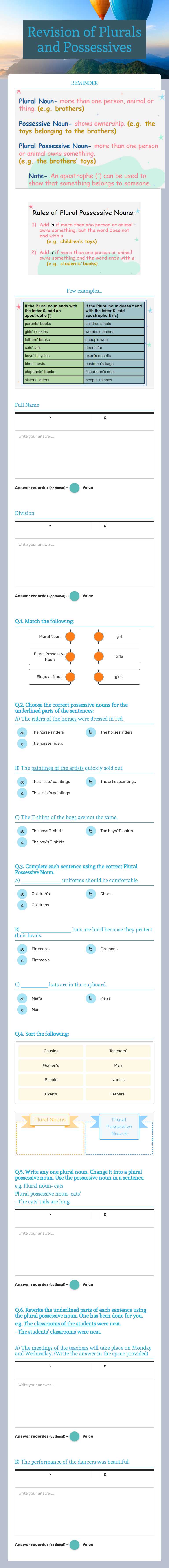 Revision of Plurals and Possessives Grade 3 worksheet preview