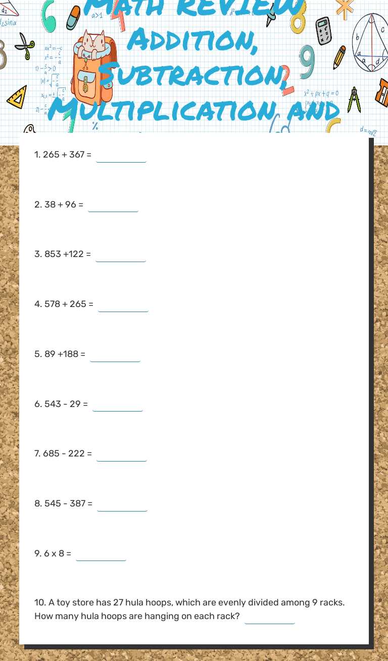 Math REVIEW Addition, Subtraction, Multiplication and Division Grade 3 worksheet preview
