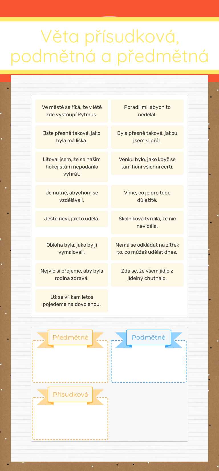 Věta přísudková, podmětná a předmětná worksheet preview image