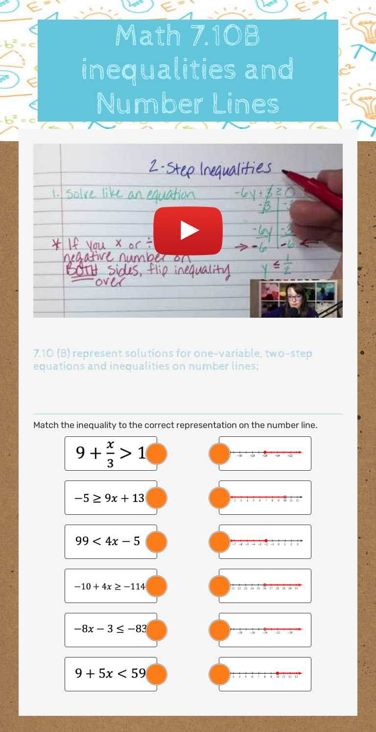 Math 7.10B  inequalities and Number Lines worksheet preview image