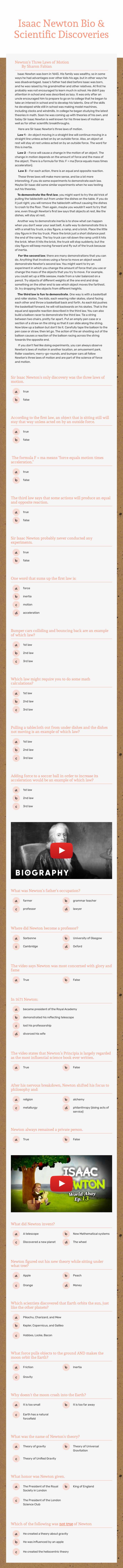 Isaac Newton Bio & Scientific Discoveries worksheet preview image