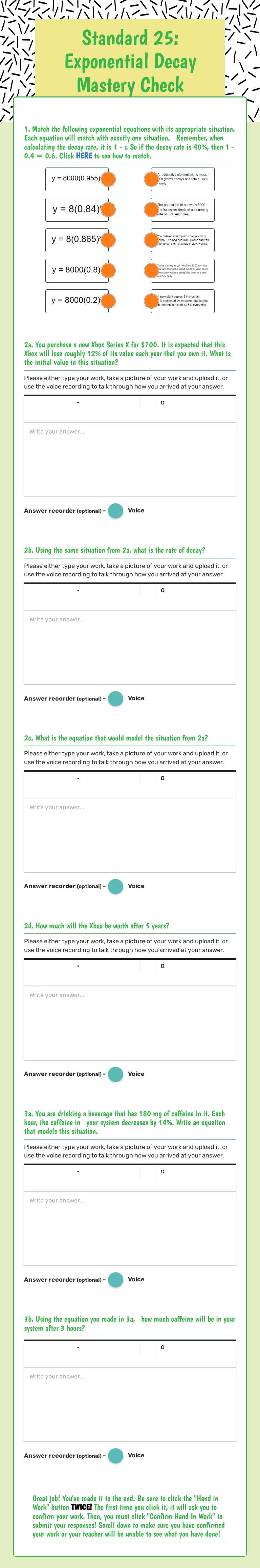 Standard 25: Exponential Decay Mastery Check worksheet preview image