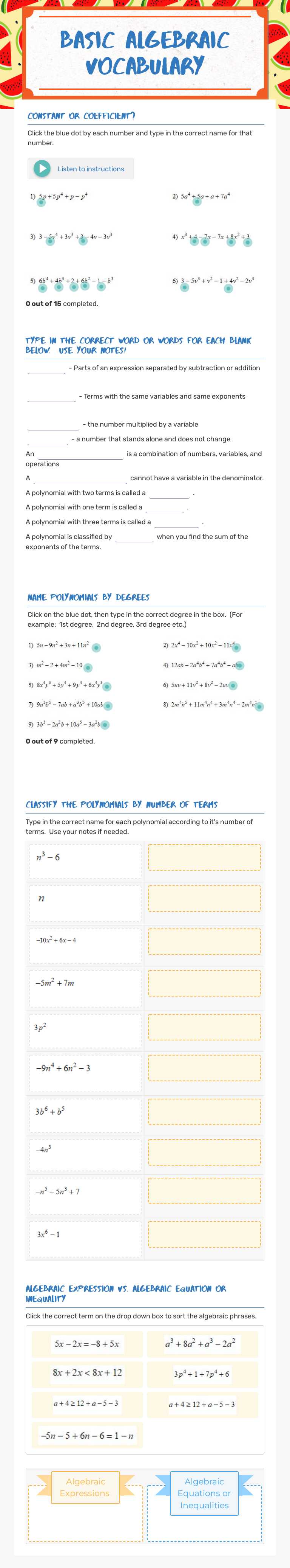 Basic Algebraic Vocabulary worksheet preview image
