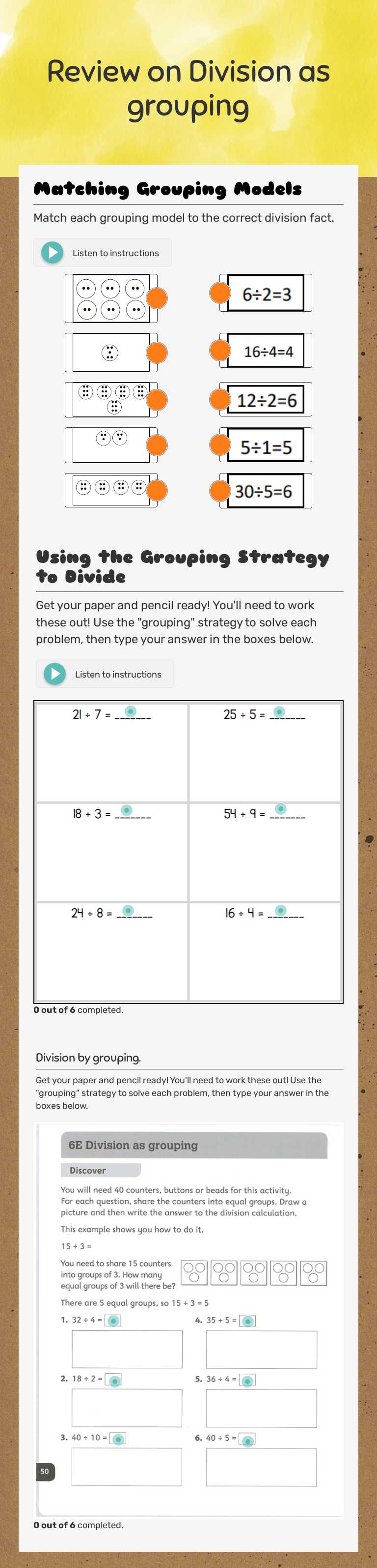 Review on Division as grouping worksheet preview image