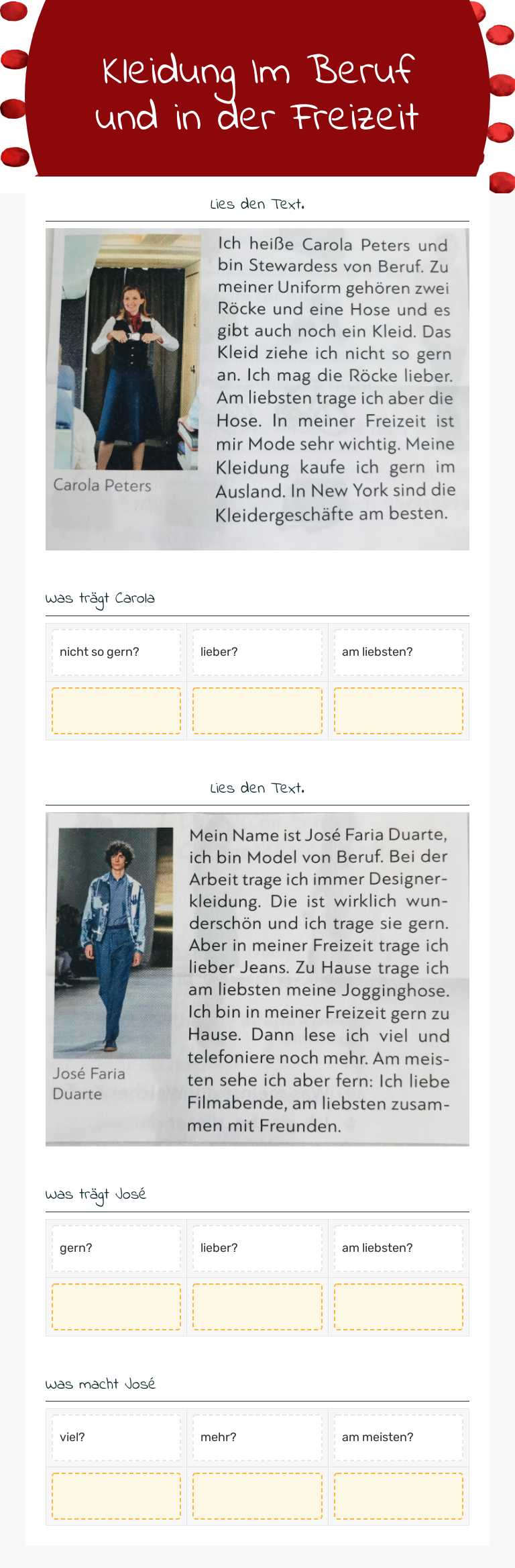 Kleidung 
 Im Beruf und in der Freizeit Grade 7 worksheet preview