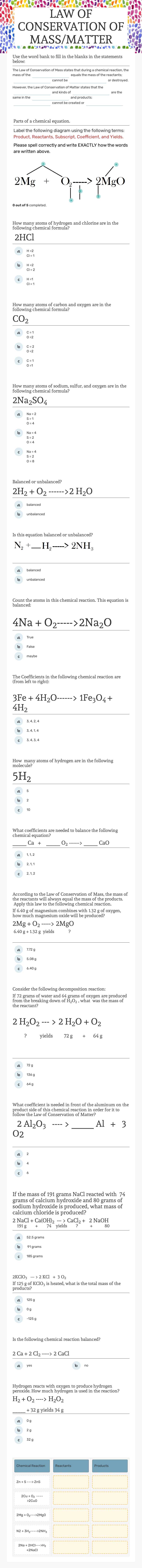LAW OF CONSERVATION OF MASS/MATTER Grade 9 worksheet preview
