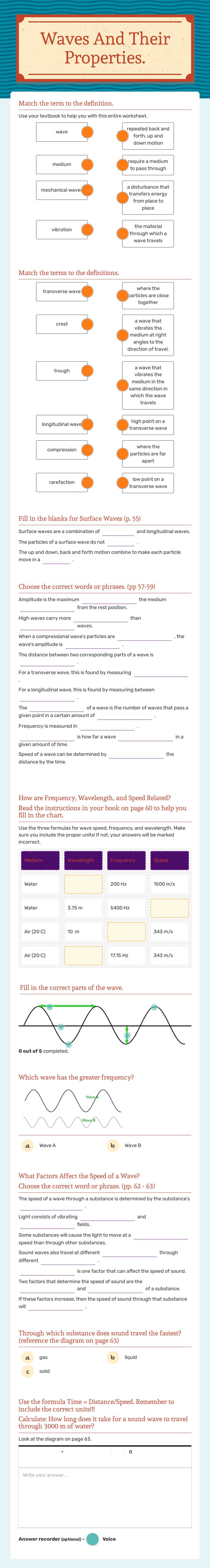 Waves And Their Properties. worksheet preview image
