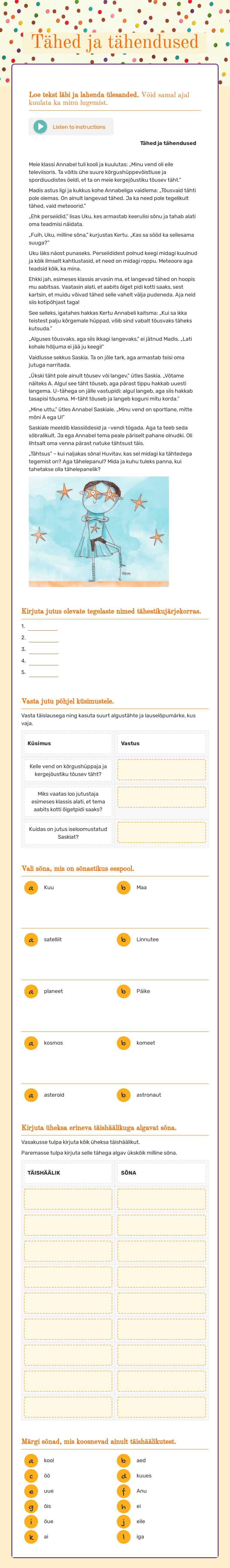 Tähed ja tähendused Grade 4 worksheet preview
