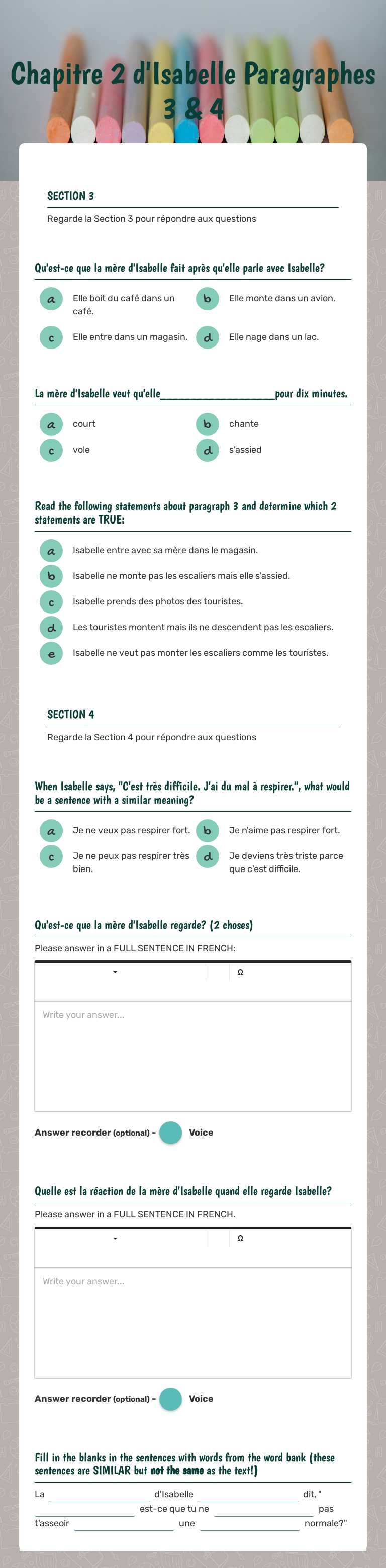 Chapitre 2 d'Isabelle Paragraphes 3 & 4 Grade 10 worksheet preview