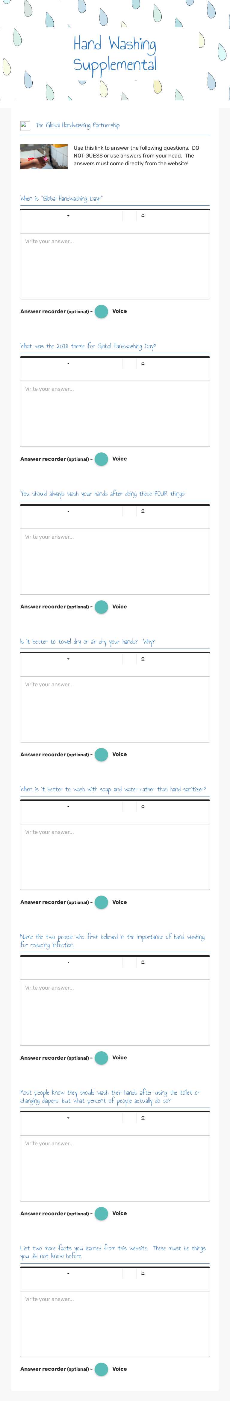 Hand Washing Supplemental worksheet preview image