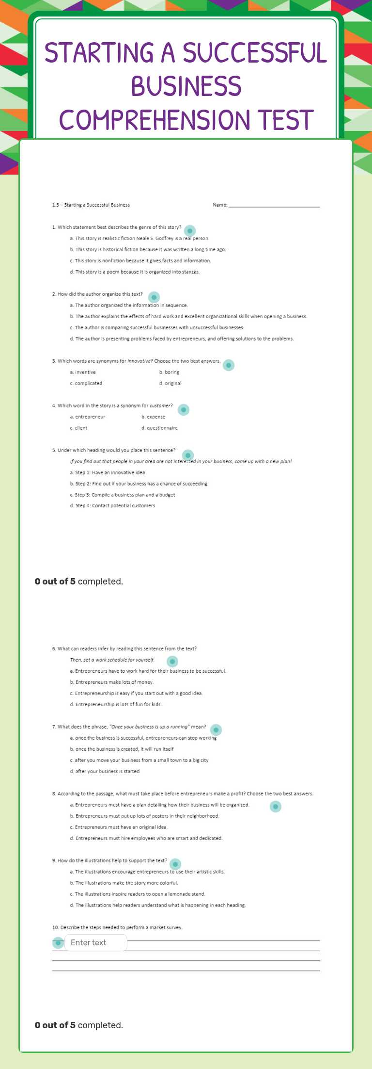 Starting a Successful business  Comprehension Test worksheet preview image