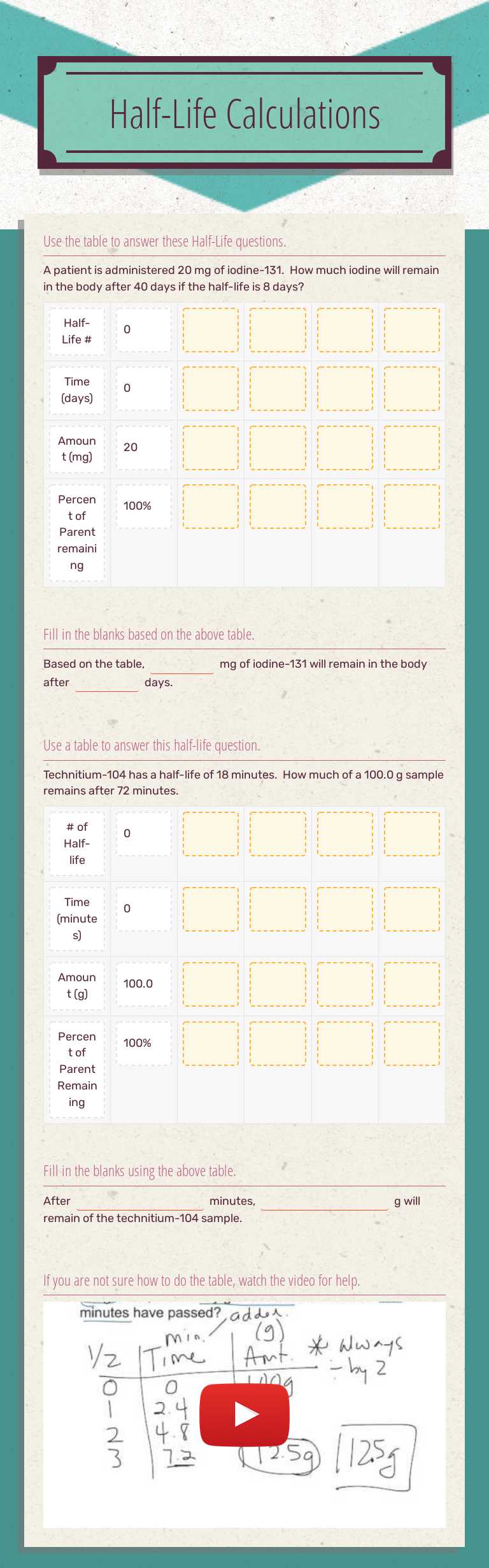 Half-Life Calculations worksheet preview image