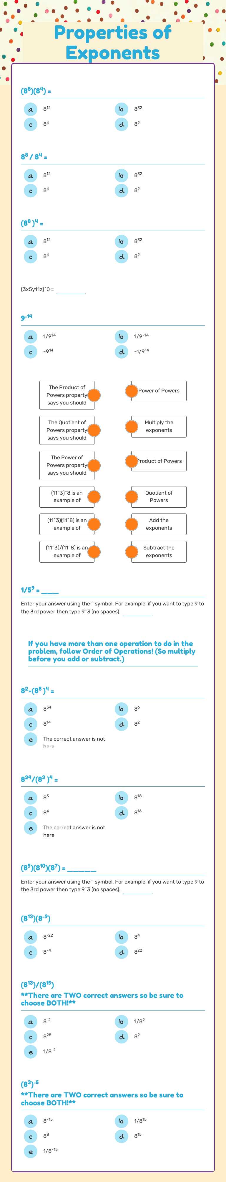 Properties of Exponents Grade 8 worksheet preview
