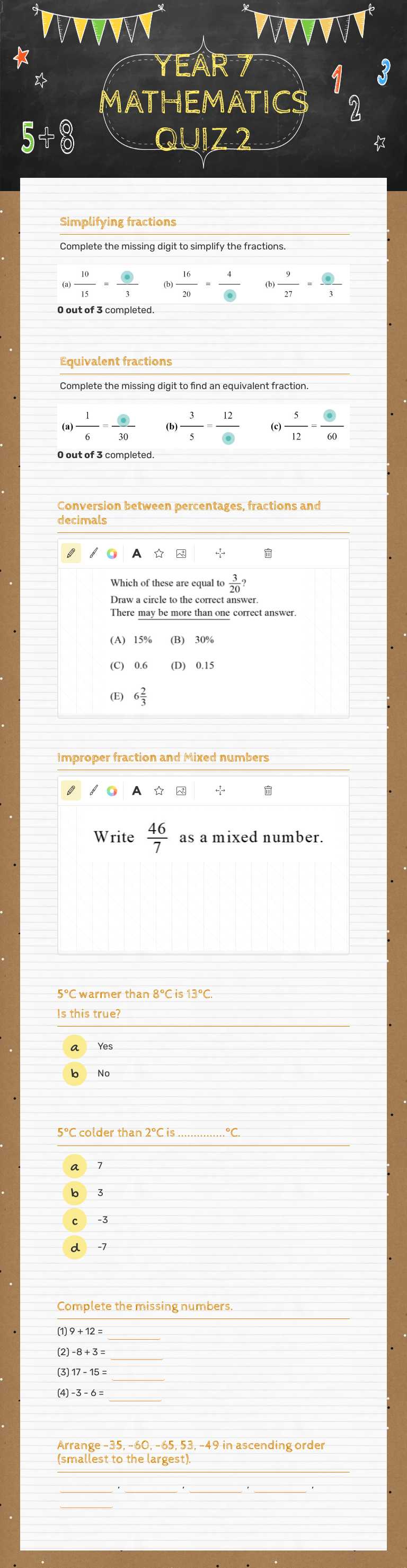 YEAR 7 MATHEMATICS QUIZ 2 worksheet preview image