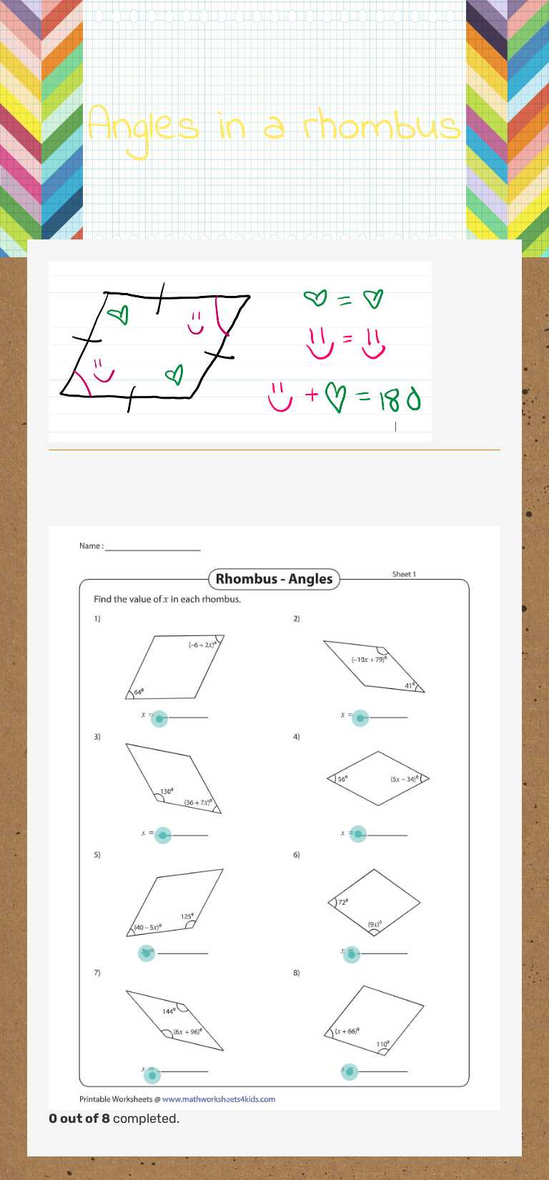 Angles in a rhombus worksheet preview image