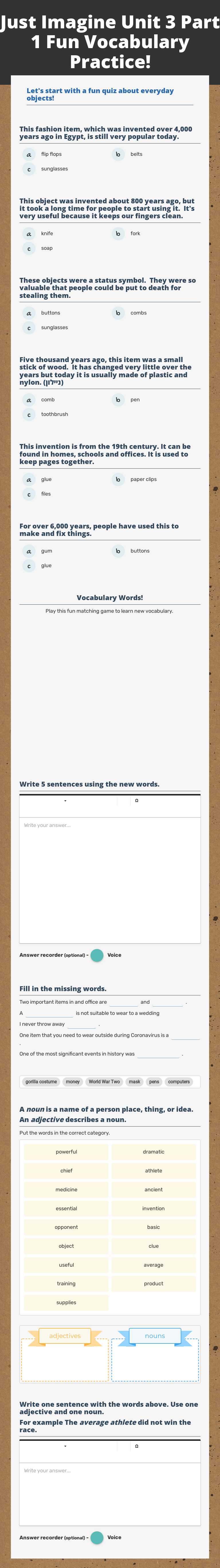 Just Imagine Unit 3 Part 1  Fun Vocabulary Practice! worksheet preview image