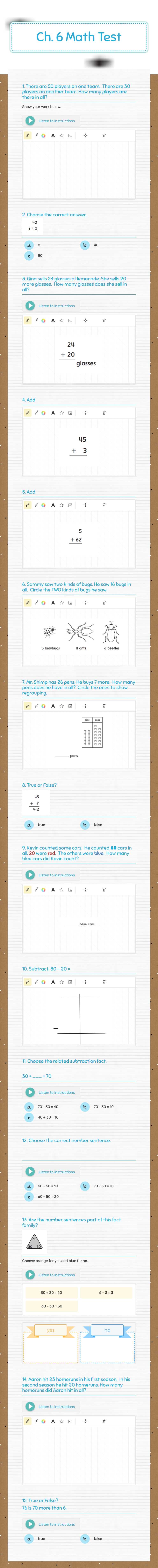 Ch. 6 Math Test Grade 1 worksheet preview