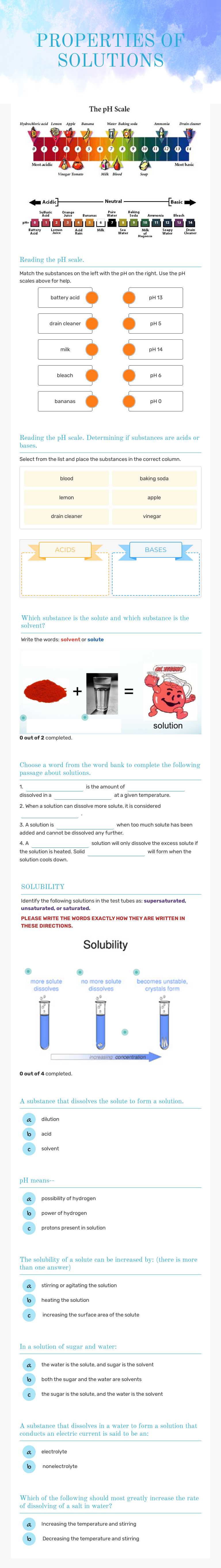 PROPERTIES OF SOLUTIONS worksheet preview image