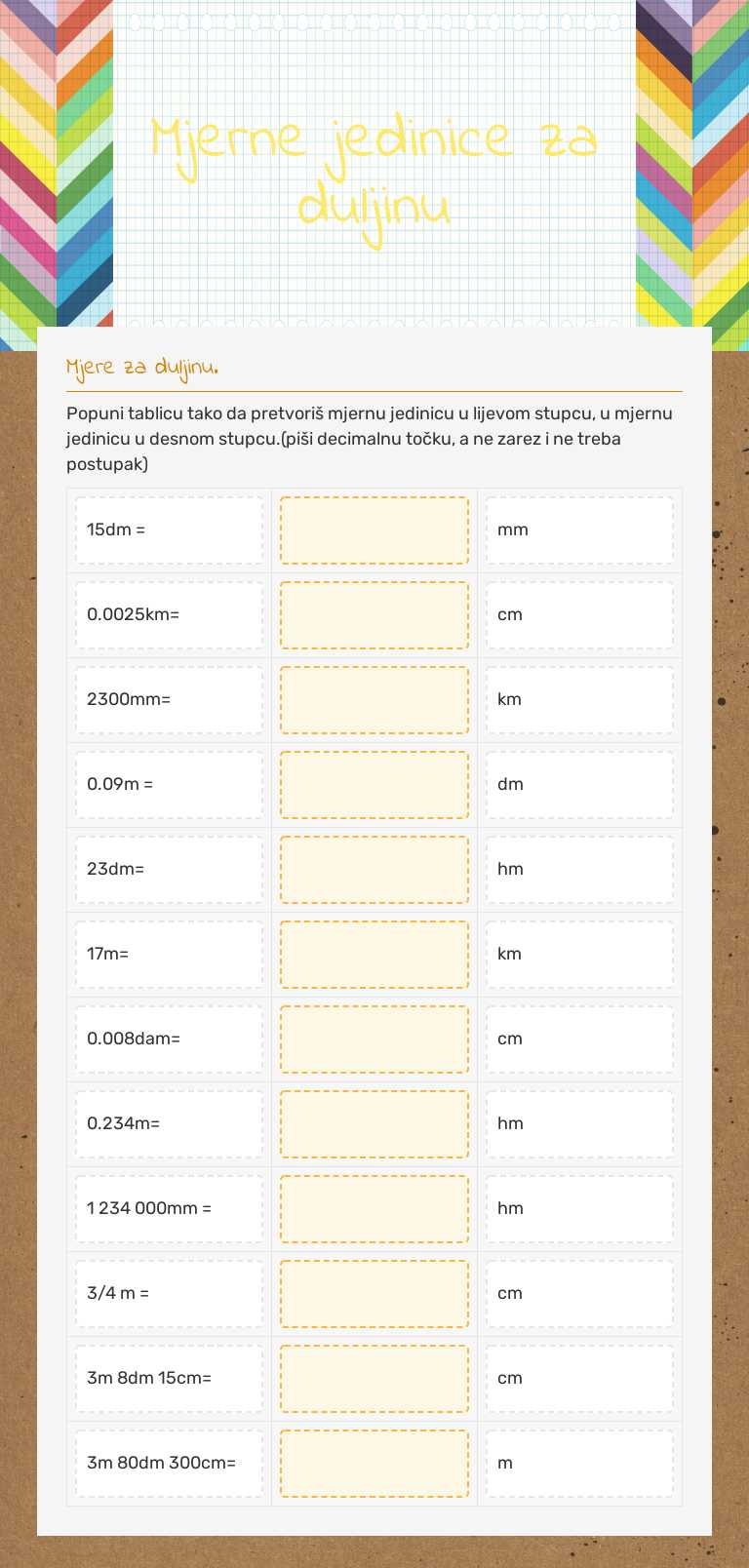 Mjerne jedinice za duljinu worksheet preview image