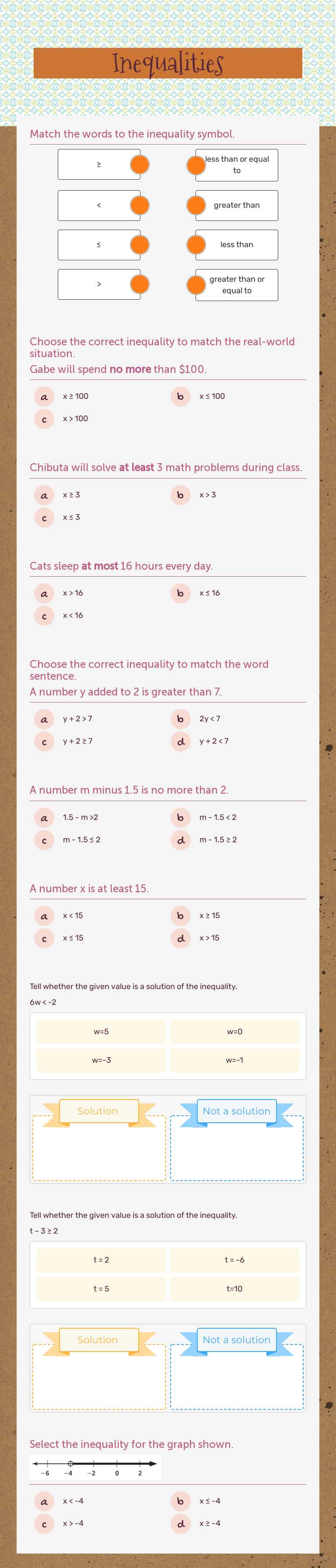 Inequalities Grade 6 worksheet preview