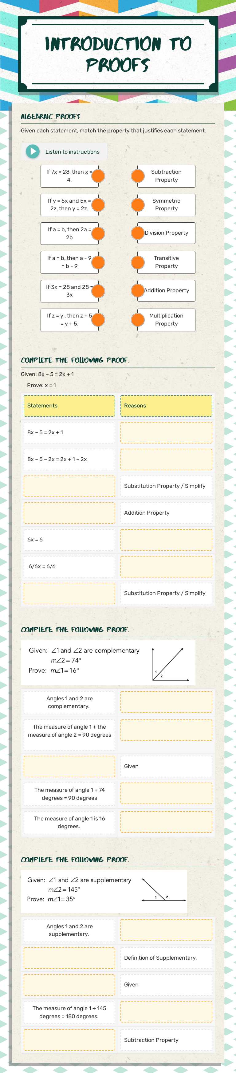 Introduction to  Proofs Grade 10 worksheet preview