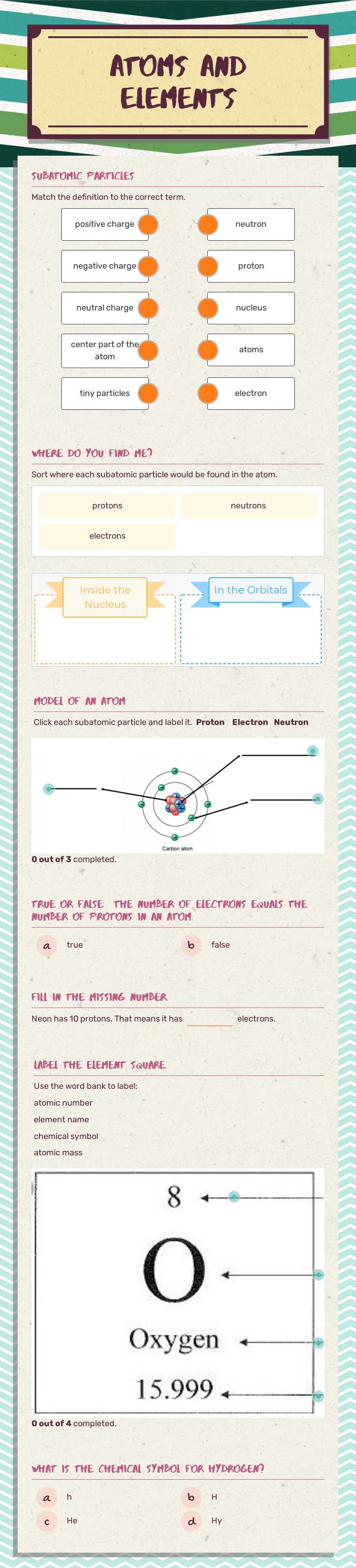 Atoms and elements Grade 6 worksheet preview