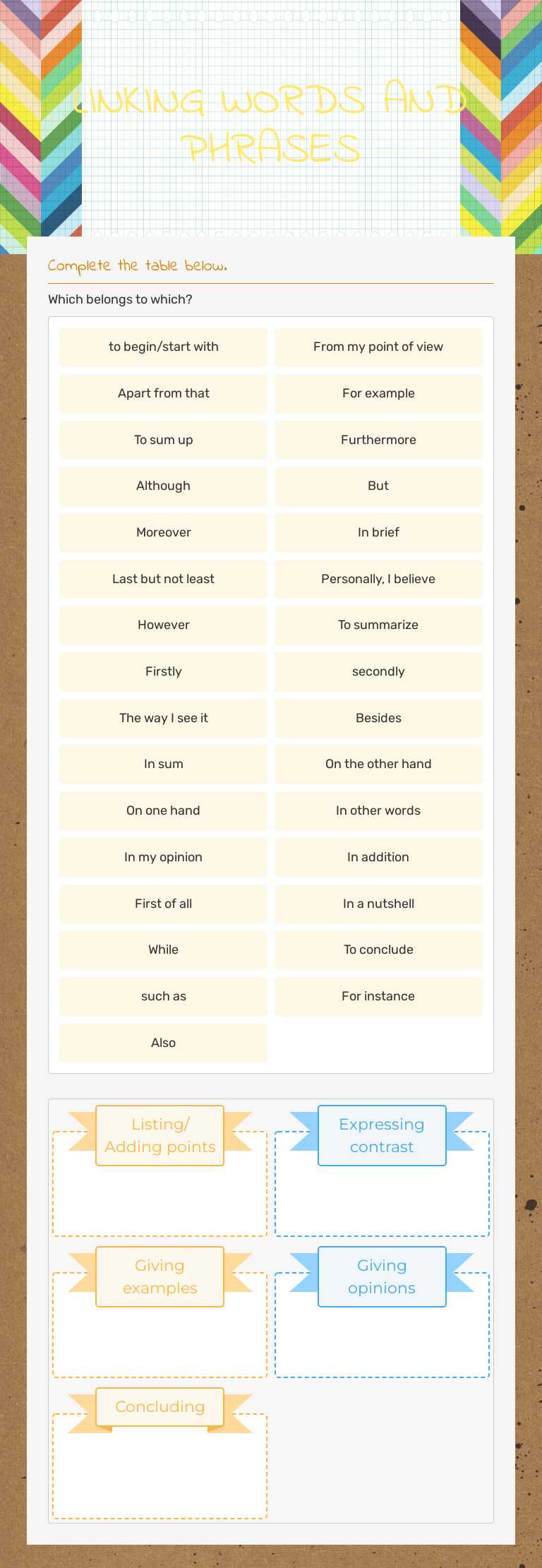LINKING WORDS AND PHRASES worksheet preview image