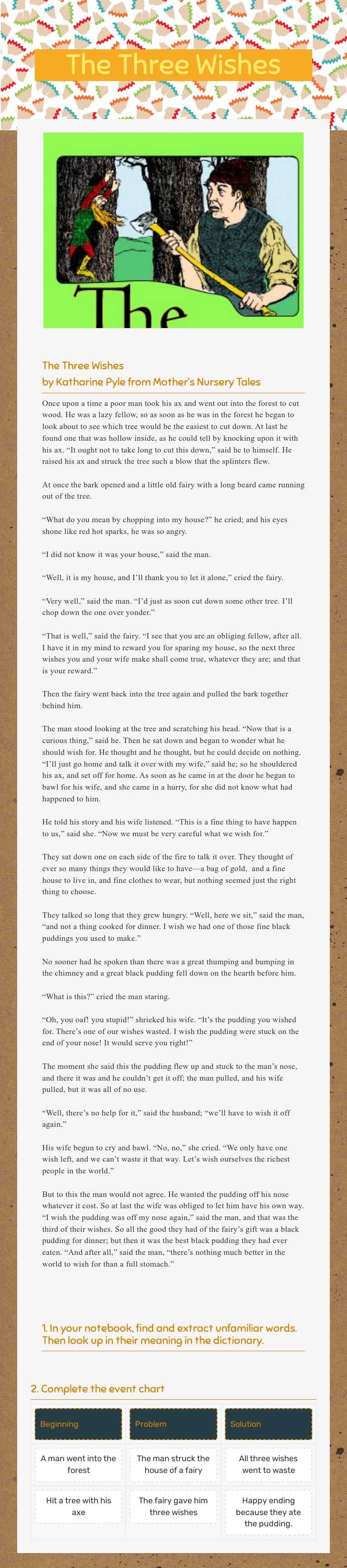 The Three Wishes worksheet preview image