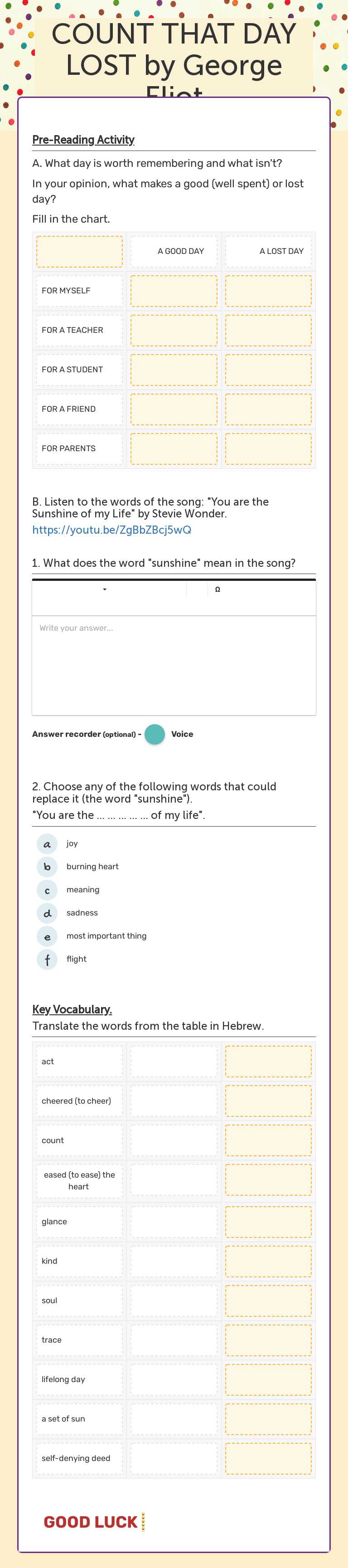 COUNT THAT DAY LOST by George Eliot worksheet preview image