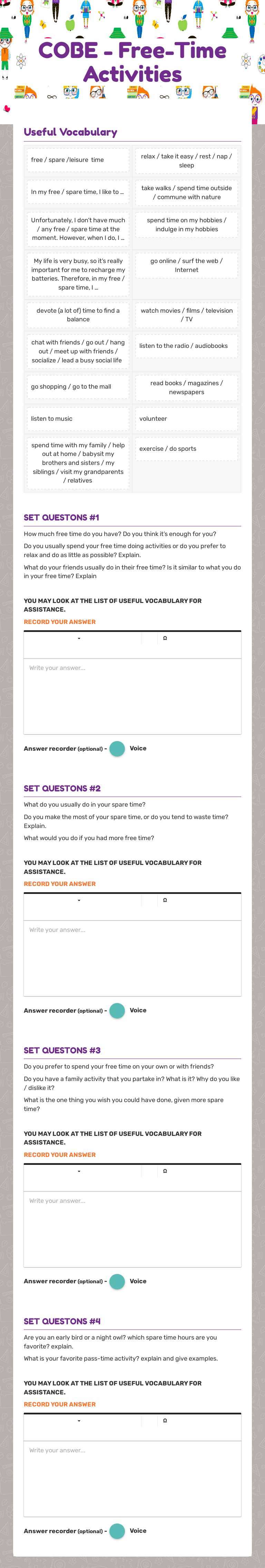 COBE - Free-Time Activities Grade 12 worksheet preview