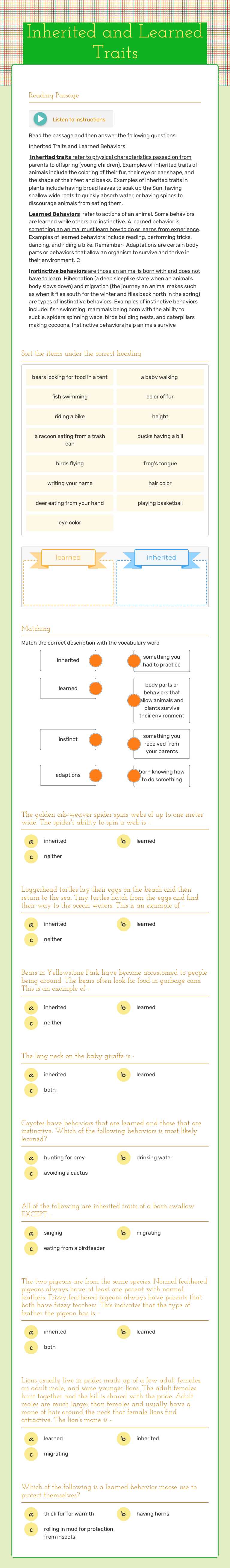 Inherited and Learned Traits worksheet preview image