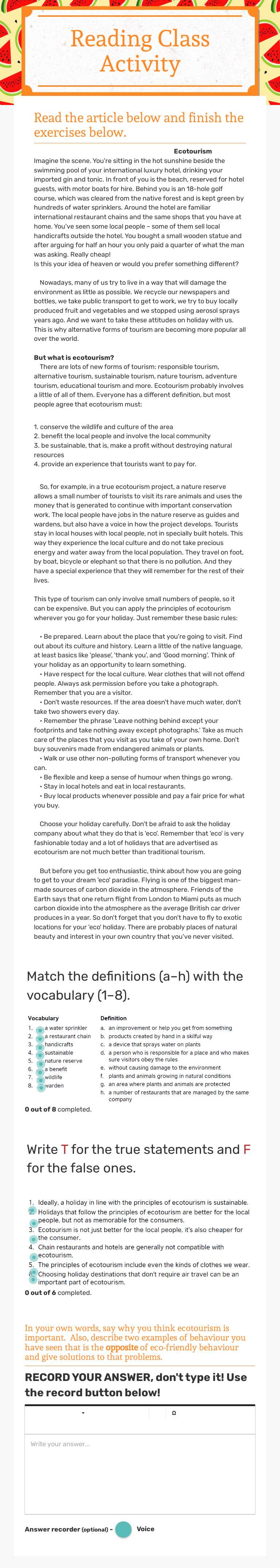 Reading Class Activity worksheet preview image